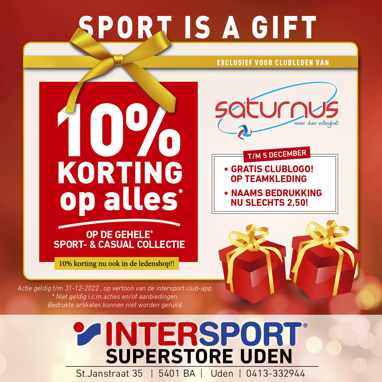 Intersport actie: 10% korting voor Saturnus leden tijdens ‘Sport is a Gift’